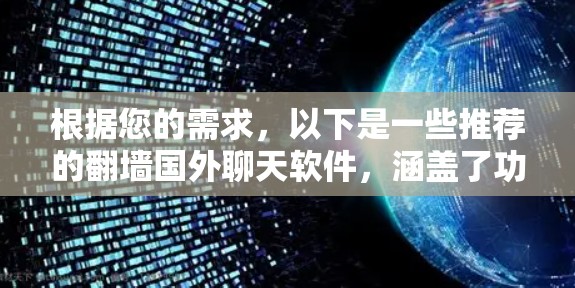 根据您的需求，以下是一些推荐的翻墙国外聊天软件，涵盖了功能、安全性、价格等因素，并尽量满足您的使用需求