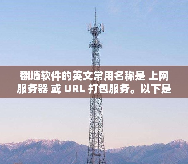 翻墙软件的英文常用名称是 上网服务器 或 URL 打包服务。以下是一些关于翻墙软件的英文描述 翻墙软件的英文常用名称是 上网服务器 或 URL 打包服务。以下是一些关于翻墙软件的英文描述